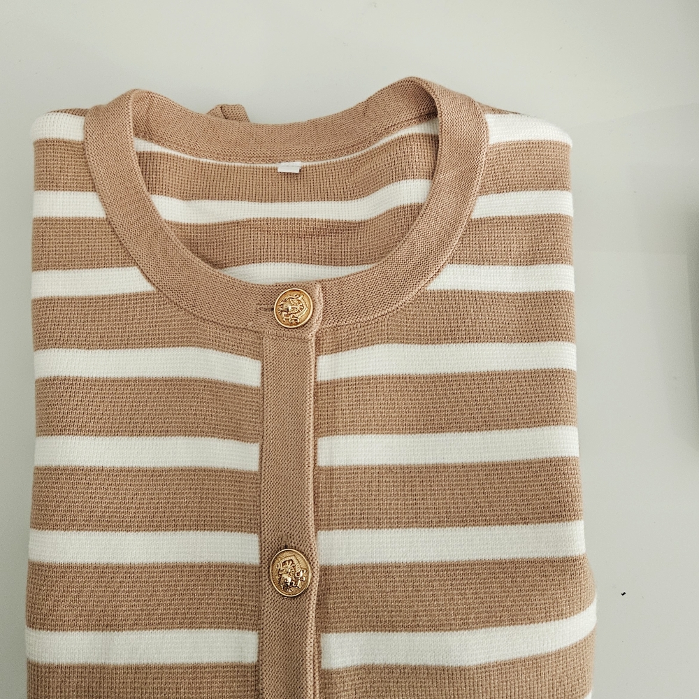 Striped Tan and White Women's Cardigan Sweater Trendy New